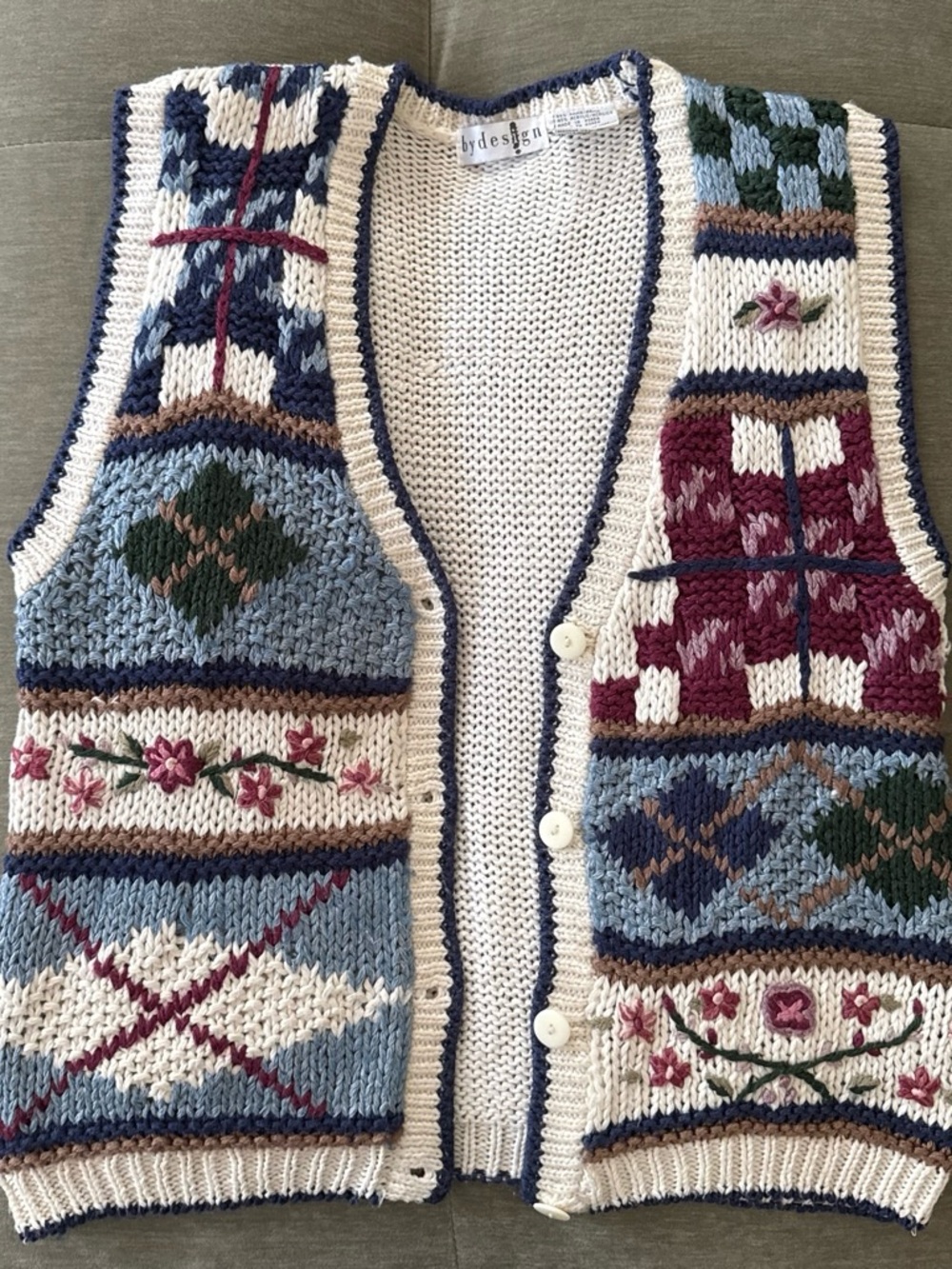 Knit Floral & Fair Isle Vest in Cream, Blue, Burgundy